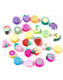 Frutas. Varios colores. De 7 a 12 milímetros. De 1.5 a 3 mm de perforación. 10 unidades. Frutas. Varios colores. De 7 a 12 milímetros. De 1.5 a 3 mm de perforación. 10 unidades.