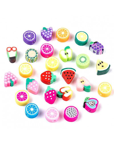 Frutas. Varios colores. De 7 a 12 milímetros. De 1.5 a 3 mm de perforación. 10 unidades. Frutas. Varios colores. De 7 a 12 milímetros. De 1.5 a 3 mm de perforación. 10 unidades.