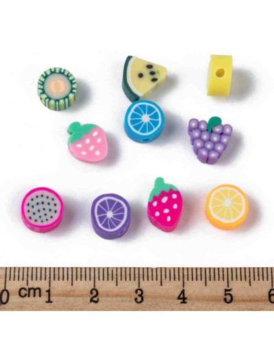 Frutas. Varios colores. De 7 a 12 milímetros. De 1.5 a 3 mm de perforación. 10 unidades. Frutas. Varios colores. De 7 a 12 milímetros. De 1.5 a 3 mm de perforación. 10 unidades.