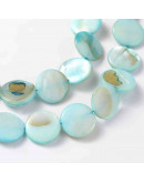 Concha de mar. Monedas. Celeste. 14 mm diámetro. 2 mm perforación. 28 uds hilo (aproximado).