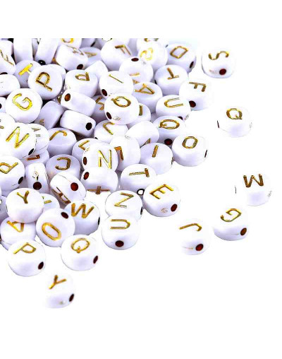 Letra dorada. Moneda blanca. 7 milímetros diámetro. 1,5 milímetros perforación. 100 uds aproximado.