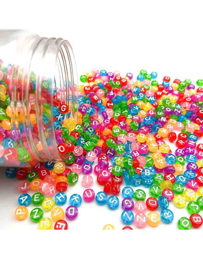 Letra blanca. Moneda transparente multicolor. 7 mm diámetro. 1,5 mm perforación. 100 uds aproximado.