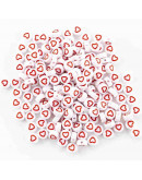 Corazón rojo. Moneda blanca. 7 milímetos diámetro. 1,5 mm perforación. 100 unidades aproximado.