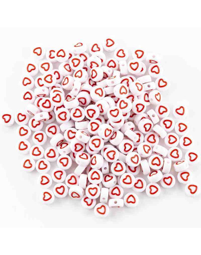Corazón rojo. Moneda blanca. 7 milímetos diámetro. 1,5 mm perforación. 100 unidades aproximado.