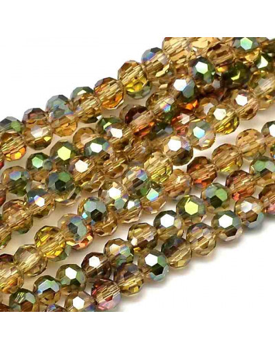 Esfera faceteada. 04 milímetros. Electroplateado tornasol. 1 mm perforación. 100 uds hilo (aprox).