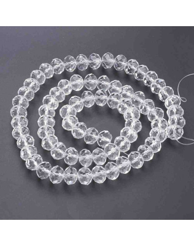 Rondelle faceteado. 6x4 milímetros. Color cristal. 1 mm perforación. 90 uds hilo (aproximado).