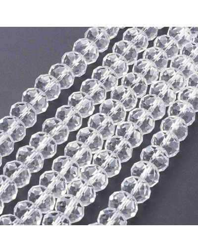 Rondelle faceteado. 6x4 milímetros. Color cristal. 1 mm perforación. 90 uds hilo (aproximado).