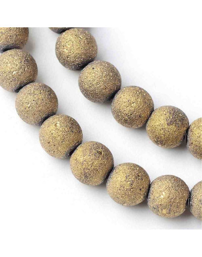 Esfera electroplateada. 08 mm diámetro. Dorado escarchado. 1,5 mm perforación. 72 uds hilo (aprox).