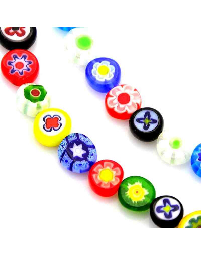 Glass Millefiori. Moneda. Color mixto. 7-9 mm diámetro. 1 mm perforación. 52 uds hilo (aproximado). Glass Millefiori. Moneda. Color mixto. 7-9 mm diámetro. 1 mm perforación. 52 uds hilo (aproximado).