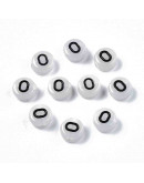 Letra negra. Vocales. Moneda fluorescente. 7 milímetros diámetro. 1,5 mm perforación. 100 uds aprox.