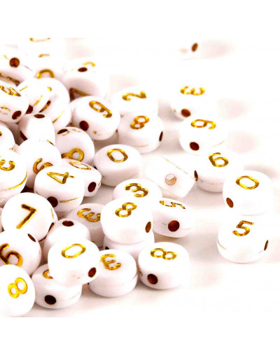 Número dorado. Moneda blanca. 7 milímetros diámetro. 1,5 mm perforación. 100 uds aproximado.