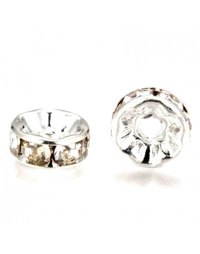 Rhinestone Beads. Plateado. Cristal CLEAR WHITE. Grado A. 8x3,8 mm. 2 mm perforación 10 unidades.