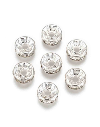 Rhinestone Beads. Plateado. Cristal CLEAR WHITE. Grado A. 8x3,8 mm. 2 mm perforación 10 unidades.