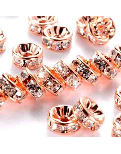 Rhinestone Beads. Gold rose. Cristal CLEAR WHITE. Grado A. 8x3,8 mm. 1,5 mm perforación. 10 uds.