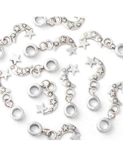 European beads. Luna+Estrella. Aleación de cobre. Color plateado. 30 mm. 5 mm perforación. 4 uds.