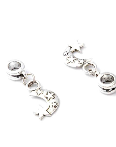 European beads. Luna+Estrella. Aleación de cobre. Color plateado. 30 mm. 5 mm perforación. 4 uds.