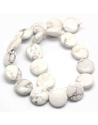 Howlite. Moneda. 20 milímetros diámetro. 7 mm grosor. 2 mm perforación. 1 unidad. Howlite. Moneda. 20 milímetros diámetro. 7 mm grosor. 2 mm perforación. 1 unidad.