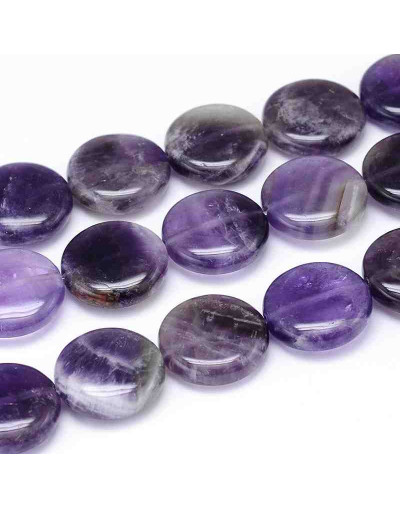 Amatista. Moneda. 20 milímetros diámetro. 7 mm grosor. 2 mm perforación. 1 unidad.