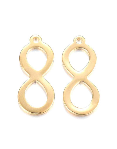 Infinito. Acero inoxidable. Color dorado. 19,5x8,5x1 milímetros. 1,2 mm perforación. 2 unidades.