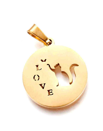 Gato+LOVE. Acero inoxidable. Color dorado. 20x17x1,5 milímetros. 5x2,5 mm cierre collar. 1 unidad.