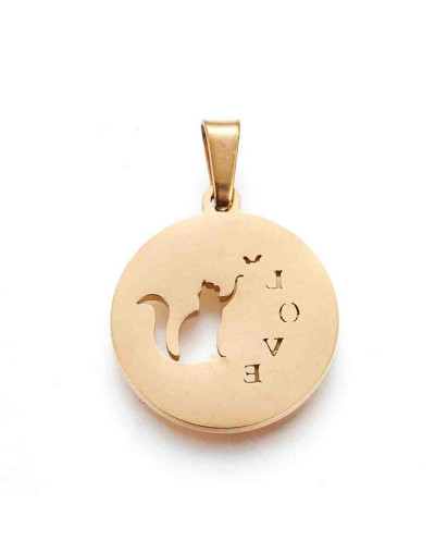 Gato+LOVE. Acero inoxidable. Color dorado. 20x17x1,5 milímetros. 5x2,5 mm cierre collar. 1 unidad.