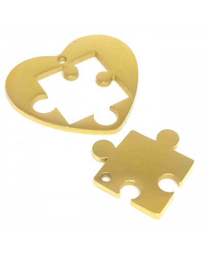 Corazón - Puzzle. Acero inoxidable. Color dorado. 25 milímetros 1 set