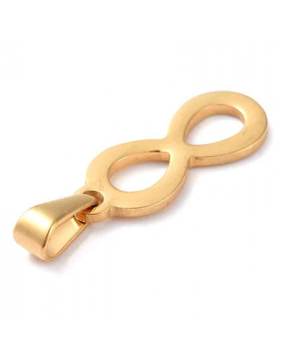 Infinito. Acero inoxidable. Color dorado. 23x9x1,5 milímetros. 8x3 mm cierre collar. 1 unidad.
