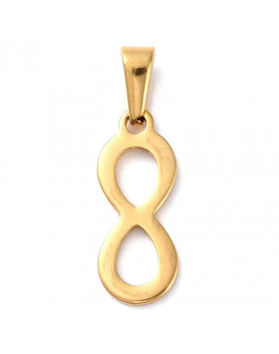 Infinito. Acero inoxidable. Color dorado. 23x9x1,5 milímetros. 8x3 mm cierre collar. 1 unidad.