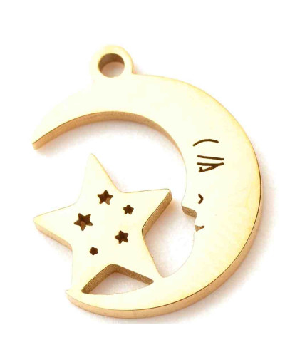 Luna+Estrella. Acero inoxidable. Color dorado. 17x13x1,2 milímetros. 1,5 mm perforación. 1 unidad.