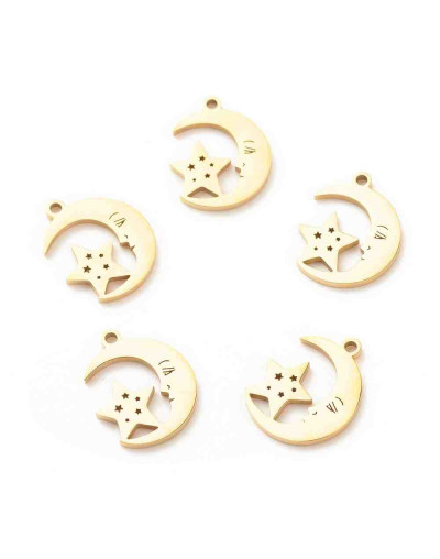 Luna+Estrella. Acero inoxidable. Color dorado. 17x13x1,2 milímetros. 1,5 mm perforación. 1 unidad.