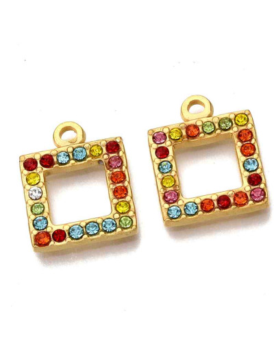 Cuadrado. Acero inoxidable+Rhinestone. Color dorado. 16x13x2 milímetro. 1,6 mm perforación. 1 unidad