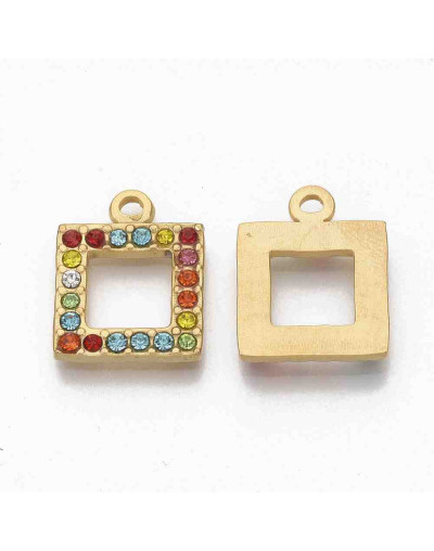 Cuadrado. Acero inoxidable+Rhinestone. Color dorado. 16x13x2 milímetro. 1,6 mm perforación. 1 unidad