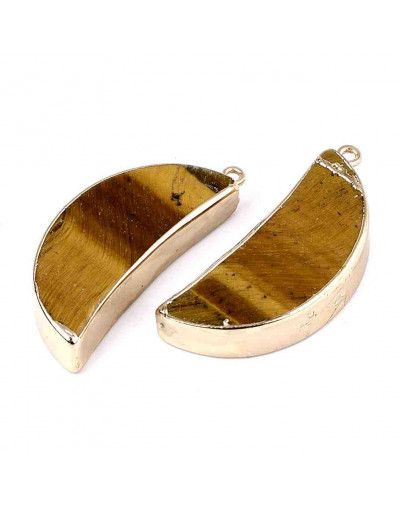 Ojo de tigre + aleación de cobre. Luna. Color dorado. 44x18x8 mm. 1,6 mm perforación. 1 unidad.