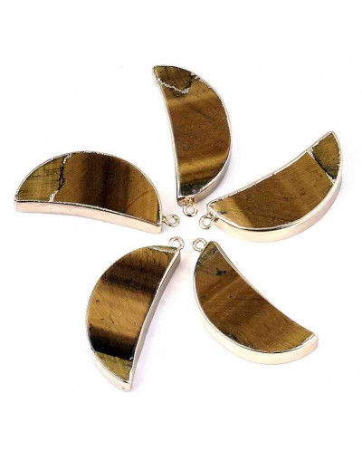 Ojo de tigre + aleación de cobre. Luna. Color dorado. 44x18x8 mm. 1,6 mm perforación. 1 unidad.