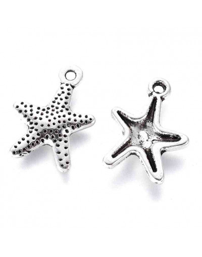 Estrella de mar. Aleacion de cobre. Color plata antigua. 16x12 milímetros. 1 mm perforación. 10 uds.
