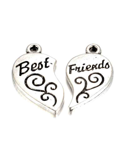 Corazón - Best Friends. Aleación de cobre. Plateado antiguo 22x12x2 mm 1 mm perforación. 2 set