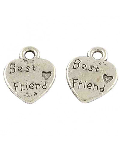 Corazón - Best Friends.  Aleación de cobre. Color plata antigua. 12,5x9,8x1,5 mm 1,5 mm perf. 10 uds