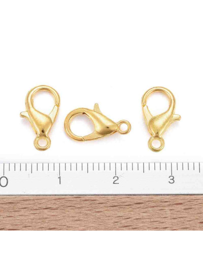 Cierre lobster. Aleación de cobre. Color dorado. 12 mm largo. 1,5 mm perforación. 10 unidades.