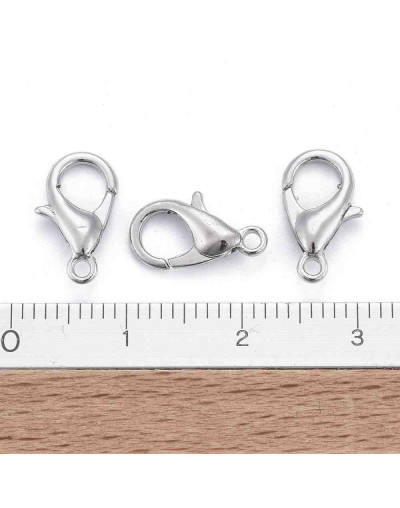 Cierre lobster. Aleación de cobre. Color plateado. 12 mm largo. 1,5 mm perforación. 10 unidades.