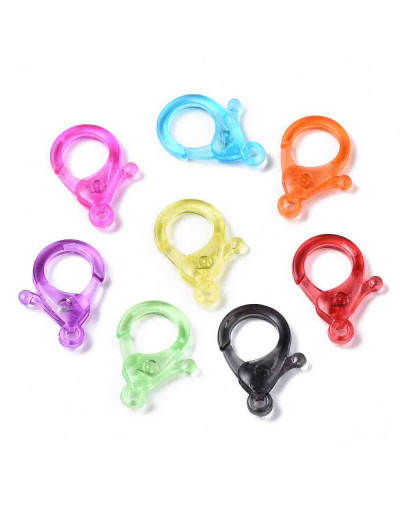 Cierre lobster. Acrílico transparente. Color mixto. 30x21x5,5 mm. 3 mm agujero. 10 unidades