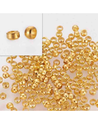 Crimp beads. Aleación. Color dorado. 2,5x1,5 milímetros. 1 mm perforación. 100 unidades (aprox).