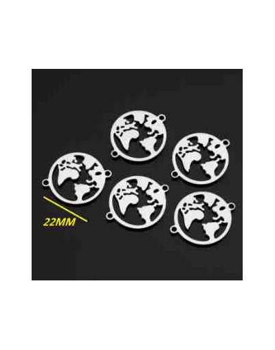 Mapa Mundi.  Acero inoxidable. Color plata. 17 mm diámetro. 1,5 mm perforación. 1 unidad