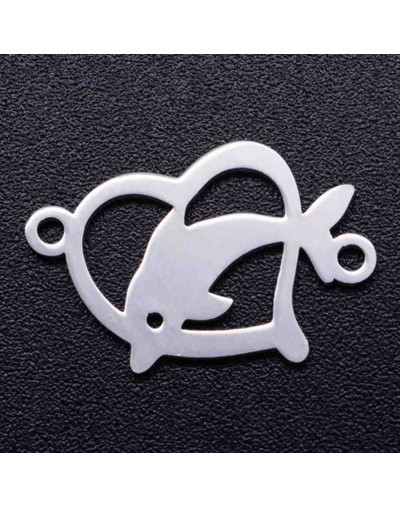 Delfín+Corazón. Acero inoxidable. Color plateado. 12x18x1 milímetros. 1,2 mm perforación. 1 unidad