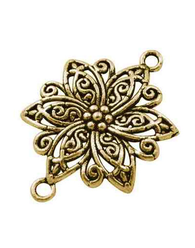 Enlace flor. Aleación. Color oro antiguo. 40x28 milímetros. 3 mm perforación. 3 unidades