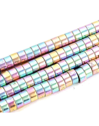 Hematite sintético. Heishi beads. Arcoiris 1. 4x2 milímetros. 1 mm perforación. 200 uds hilo aprox.