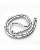 Hematite sintético. Heishi beads. Plateado. 4x2 milímetros. 1 mm perforación. 200 uds hilo aprox. Hematite sintético. Heishi beads. Plateado. 4x2 milímetros. 1 mm perforación. 200 uds hilo aprox.