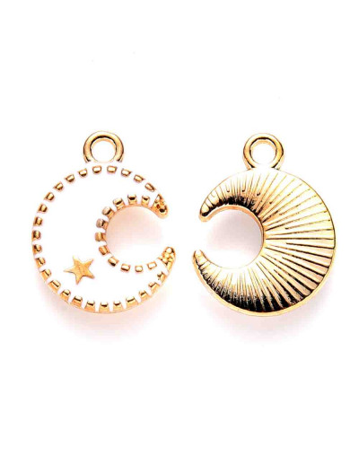 Luna-Estrella. Aleación de cobre y esmalte. Blanco y dorado. 16x13x2 mm. 1.5 mm perforación. 4 uds
