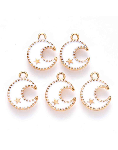 Luna-Estrella. Aleación de cobre y esmalte. Blanco y dorado. 16x13x2 mm. 1.5 mm perforación. 4 uds