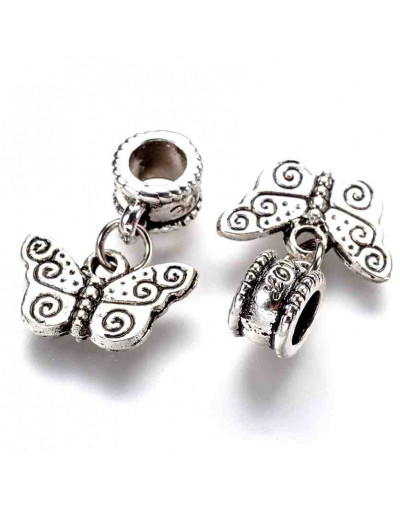 European Beads. Mariposas. Aleación. Color plata antigua. 21 milímetros. 5 mm perforación. 2 uds.