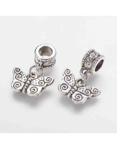 European Beads. Mariposas. Aleación. Color plata antigua. 21 milímetros. 5 mm perforación. 2 uds.